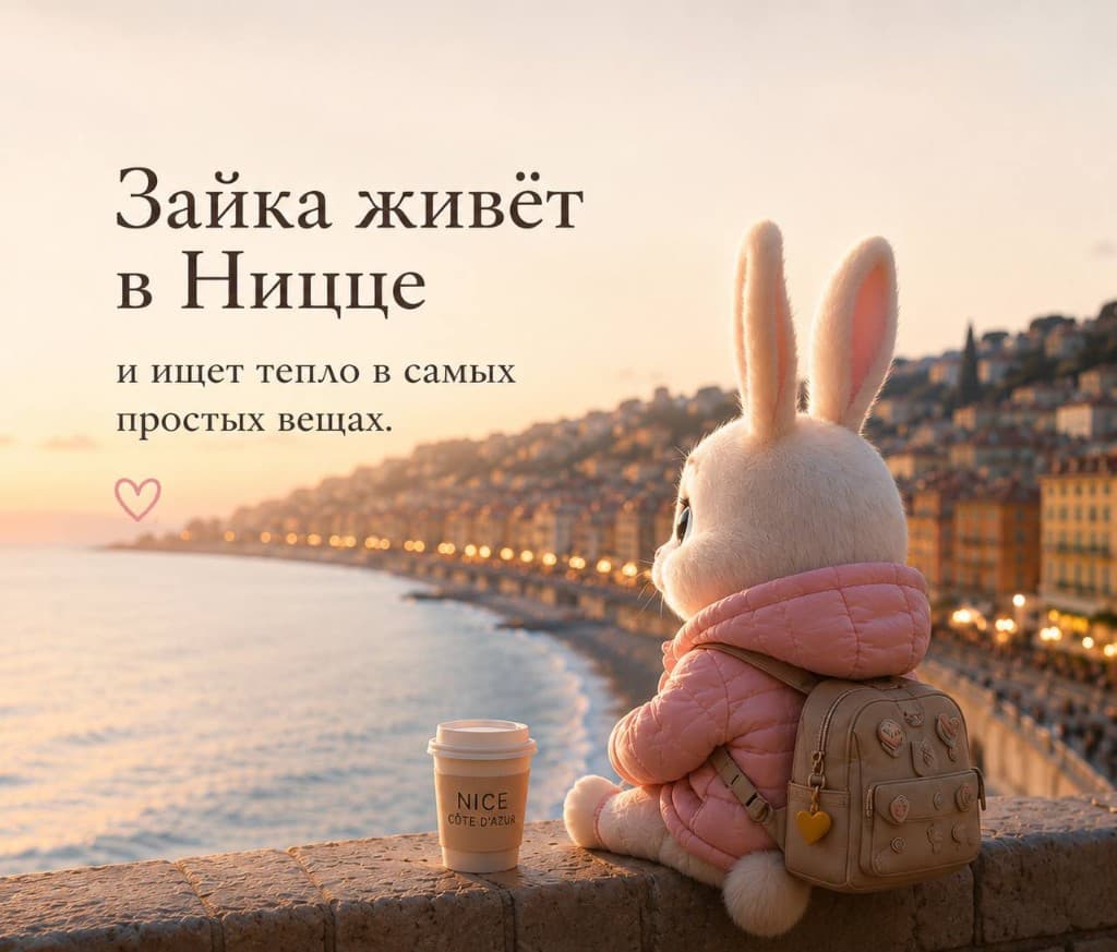 Зайка живёт в Ницце — и ищет тепло в самых простых вещах.